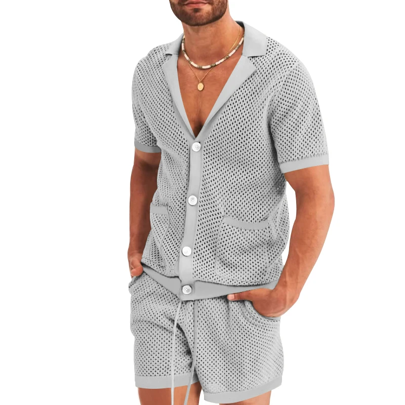 Summer Men's Hawaiian Cutout See-Through Icy Silk Suit High Quality Solid Color Hot Sale Short Sleeve Outdoor Beach Shorts Set