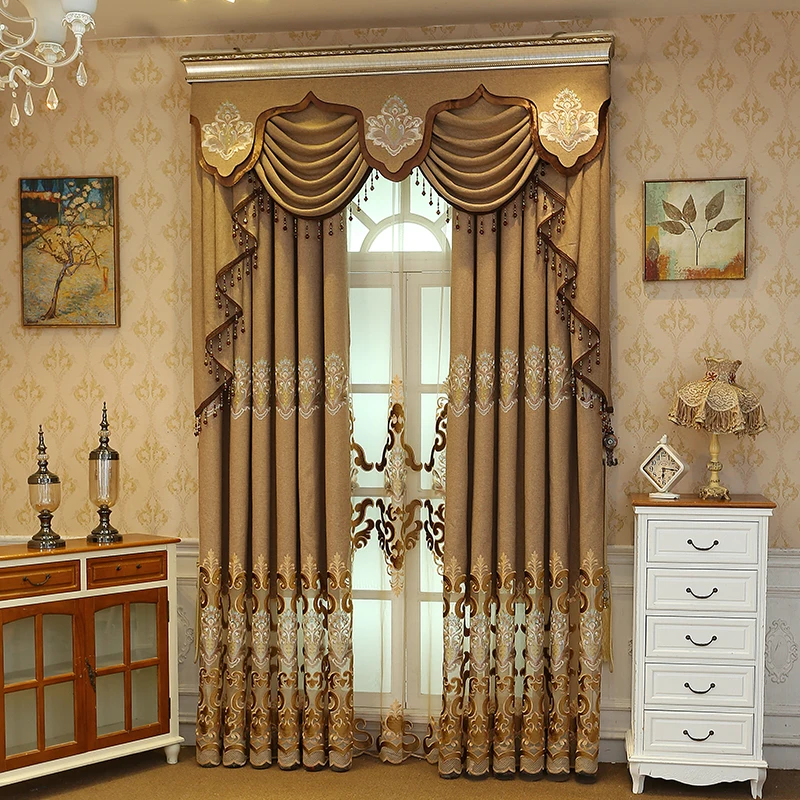 

Modern High Quality Chenille Velvet Embroidered Decorative Curtains For Living Room Bedroom Study Luxury Brown Valance Curtains
