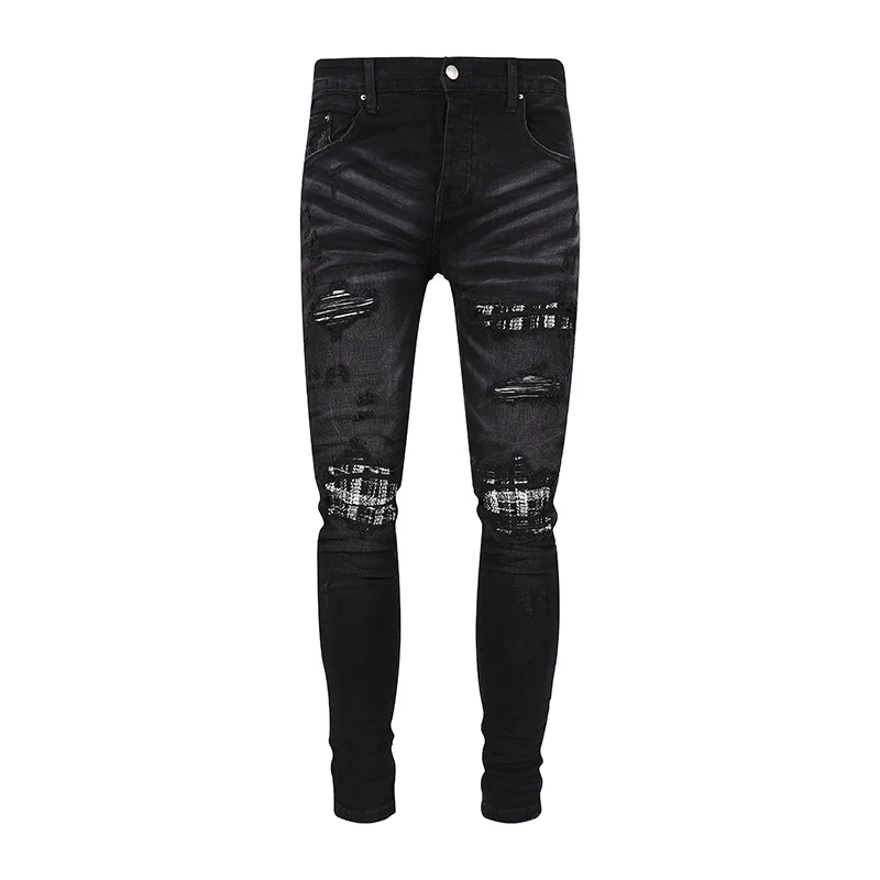

New Arrivals Fashion Streetwear Men's Rripped Jeans Holes Black casual All-match Fold Patchwork Slim Jeans Denim Pants For Men