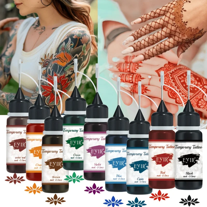Set di 9 Colori di Pasta per Tatuaggi all'Henné, Kit per Tatuaggi Temporanei, Inchiostro per Body Art, Kit per Trucco Fai-da-Te, Decorazione per Mani e Braccia, per Feste e Festival