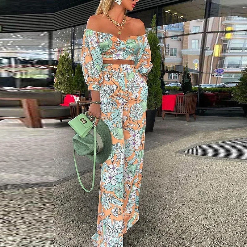 Off Shoulder Women Jumpsuit New Fashion Printed Mid-sleeve Summer Holiday Streetwear Autumn 2 Piece SetsTops +Elegant Long Pants
