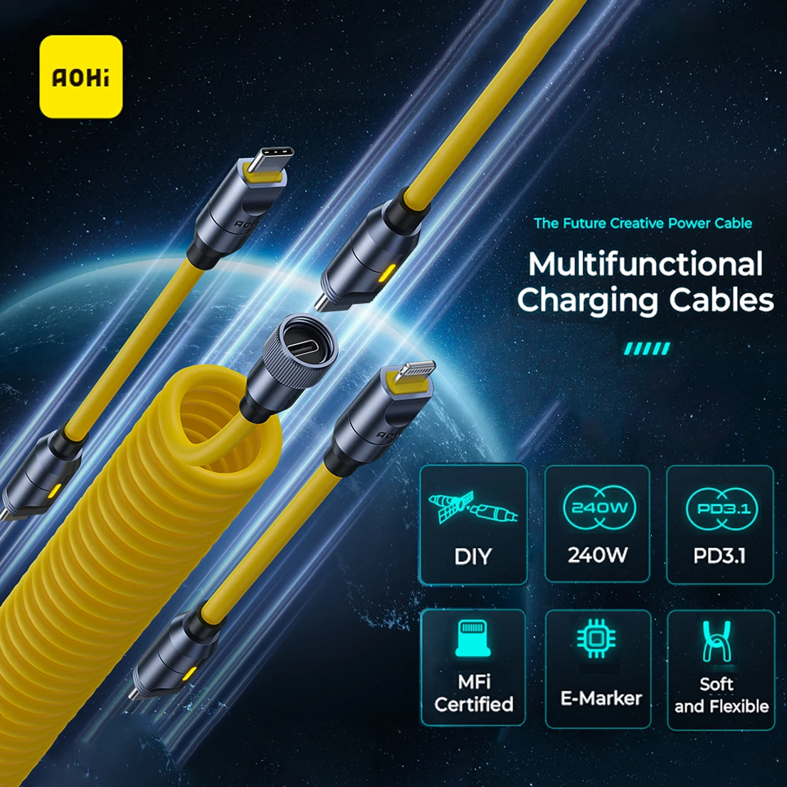 AOHI 240W Future Creative Power Cable 2.6m PD USB Type C кабель mfi 인증 케이블 Lightning Cord for