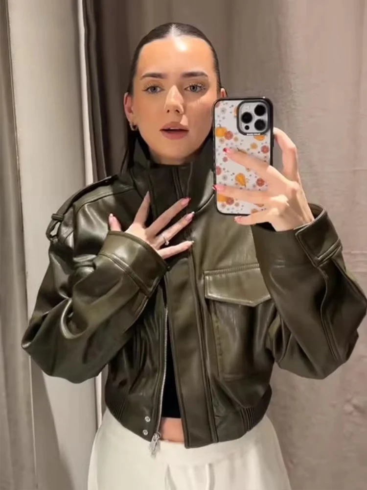 Chic Fashion Faux Leather Jackets for Women Loose Zipper Long Sleeve Female Short Coats 2025 Autumn Lady Casual New Outerwear ﻿