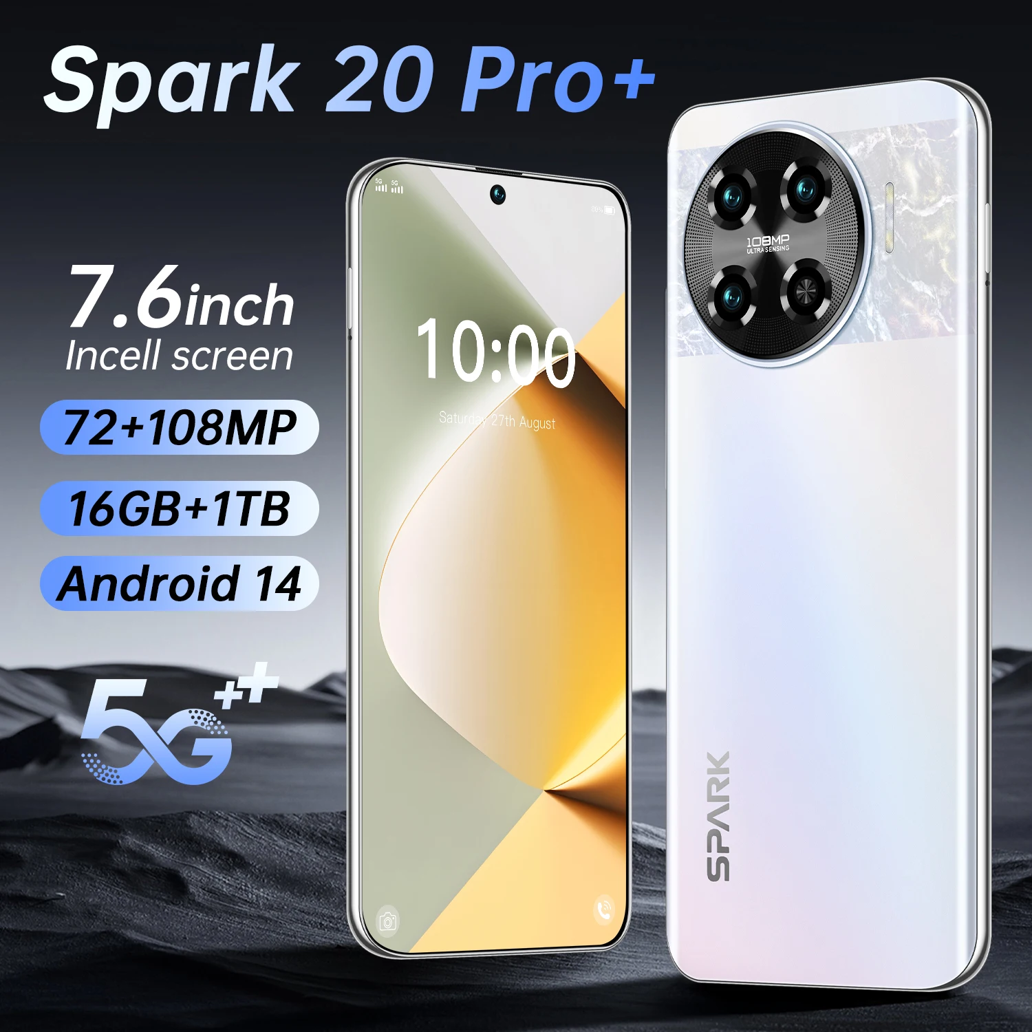 글로벌 VER 스파크 20 프로 스마트폰, 쿼드 코어, 16GB + 1TB, 7.6 인치 스마트폰, 안드로이드 13 휴대폰, 7800 mAh 배터리, 페이스 1D
