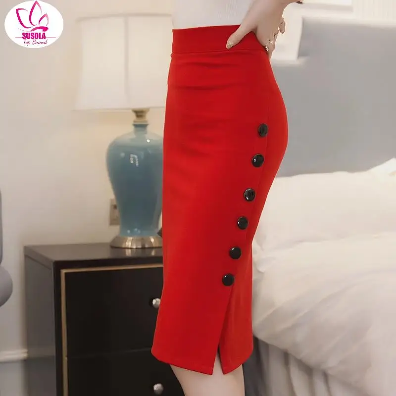 

SUSOLA Lady New Autumn Women Skirt Midi Skirt Slim OL Sexy Open Slit Button Slim Pencil Skirt Elegant Bodycon Ladies Skirts