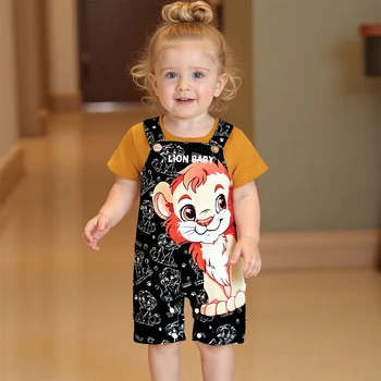 Adorable Baby Boy Summer Outfit Set with Short Sleeve Lion Print T-shirt and Overall Pants Crew Neck Cartoon Theme 2