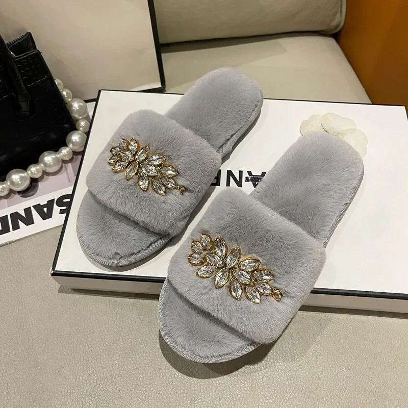 Fur Slippers Women Fashion Winter Fur Slides for Woman Rhinestone Sandals Fluffy Female Shoes Home Indoor Diamond Shoes