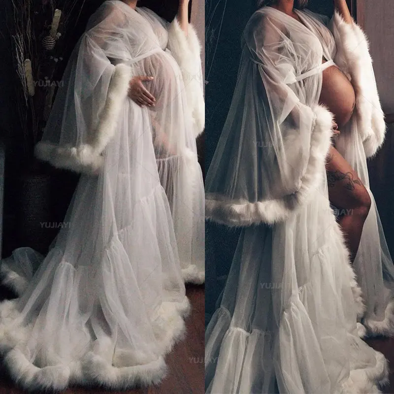 White Fur Maternity Dresses for Photography Gown Kimono Party Wedding Women Feather Robe Bathrobe Sleepwear Bridal Pajamas