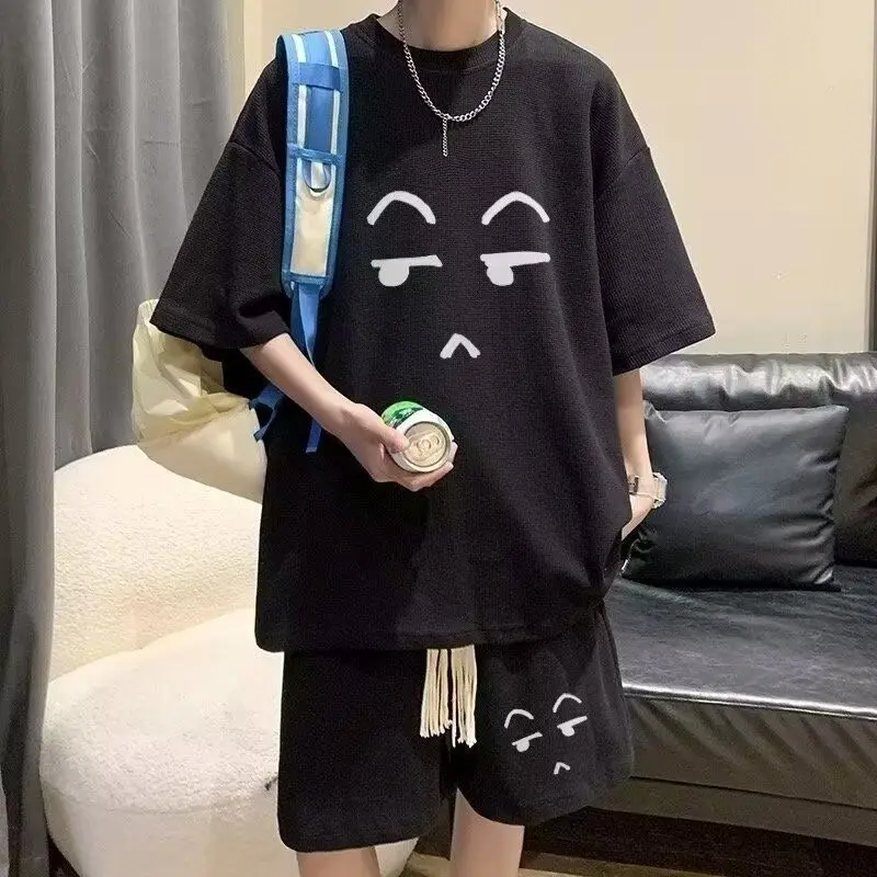 High Street Fashion Waffler Round Neck Summer Casual Suit Men Loose Short Sleeved Shorts Youth Loose Comfortable Two Piece Set