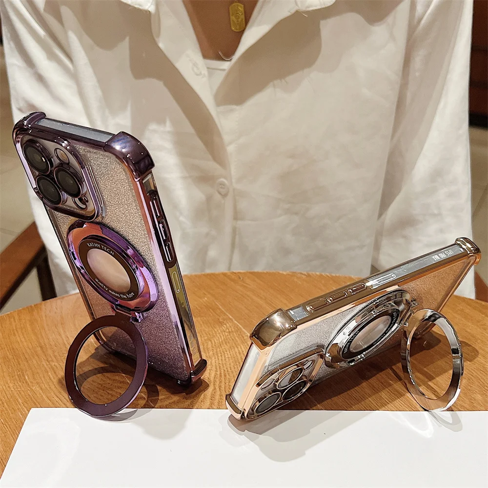 Farbverlauf Glitzer Magnetständer Klare Handyhülle für iPhone 15 14 Plus 13 12 11 Pro Max Bumper Objektivschutz Hard Cover_voghion.com