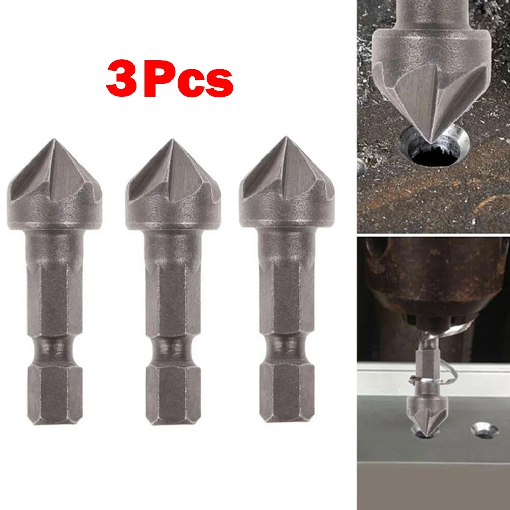 3pcs 1.42inch Hex Shank 5 Flute Chamfering Countersink Drill Bits For Woodworking Wood Soft Metal Plastic Drilling Hole