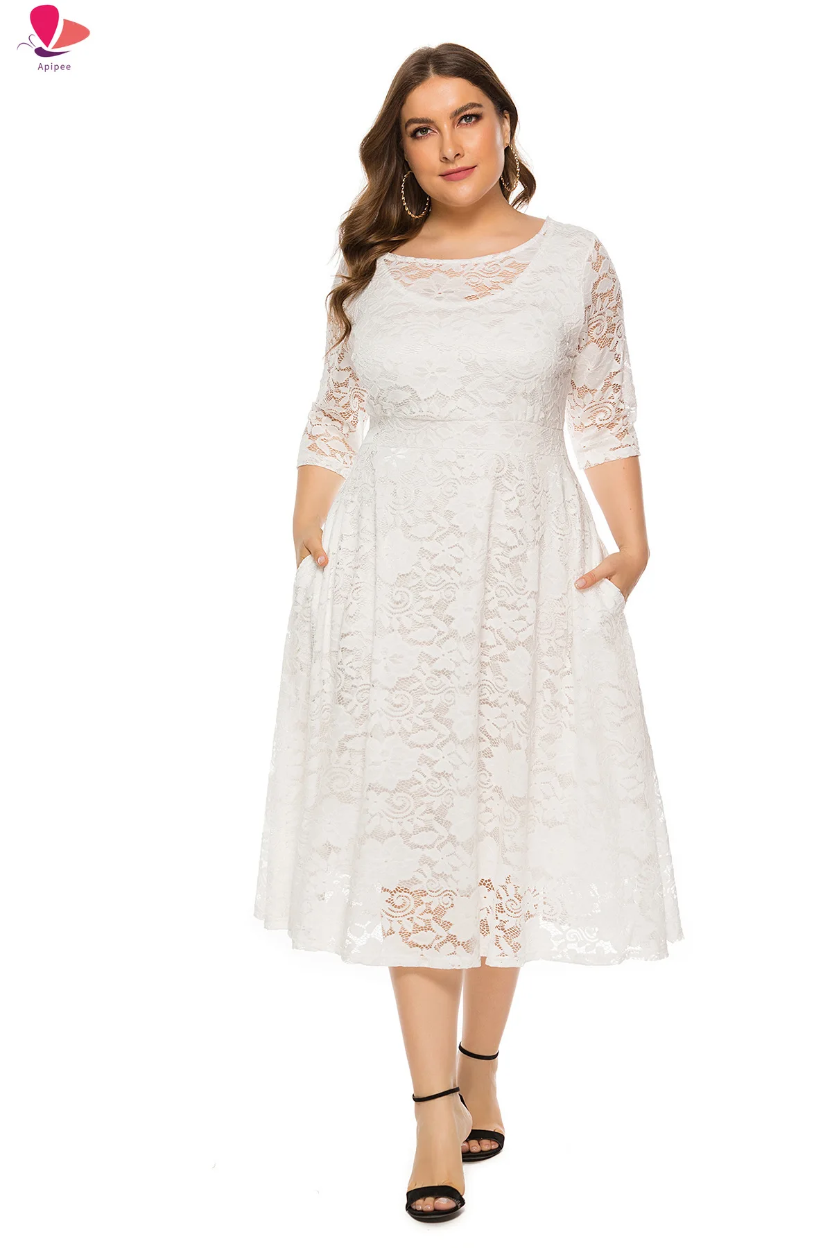 

Lace Evening Dress A-line Tea-length Dress with Pockets for Party vestidos de fiesta de noche Half Sleeve Family Party