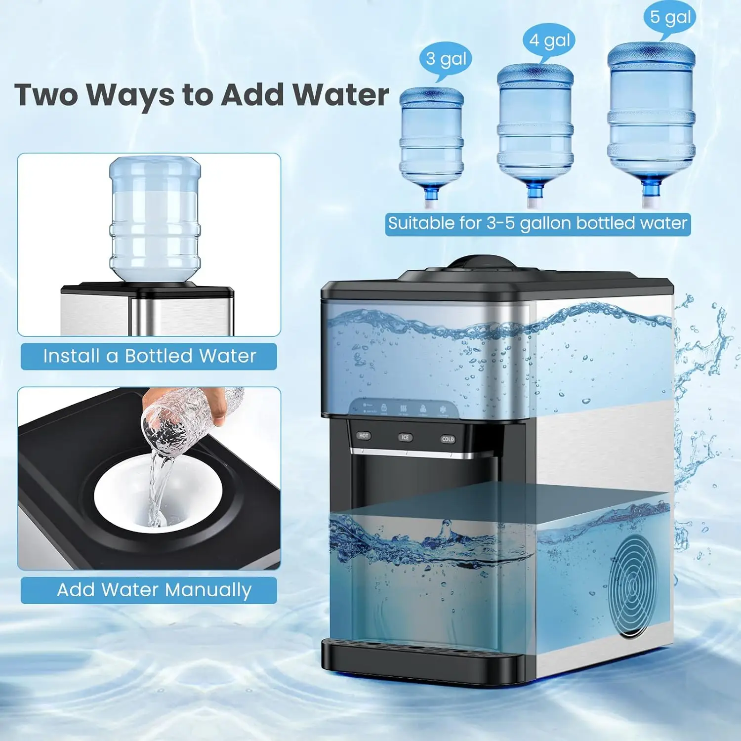Water Cooler Dispenser with Ice Maker, 3 in 1 Top-Loading Hot & Cold Water Dispenser 5 Gallon, 48 LBS Daily-Ice, Portable Ice Cu 4
