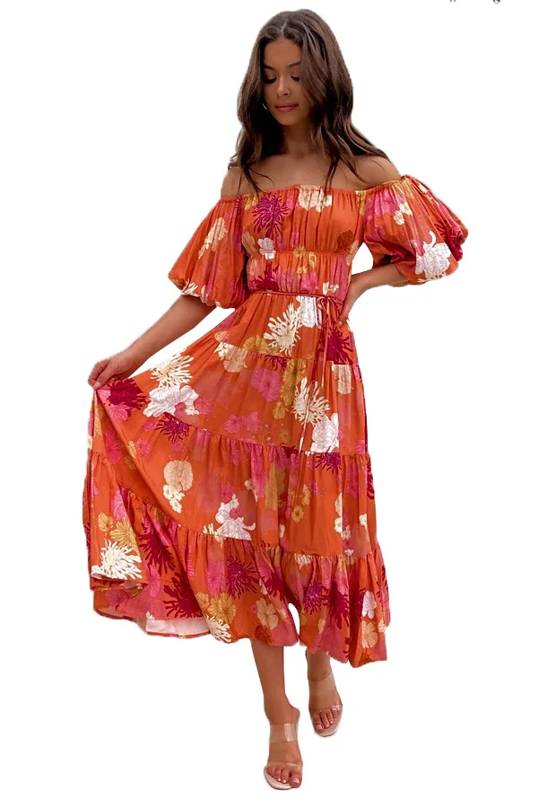 Women Summer Pleated Beach Dresses Sexy Off Shoulder Dress Floral Print Casual Loose Maxi Dresses Party Dress Vestido Feminino