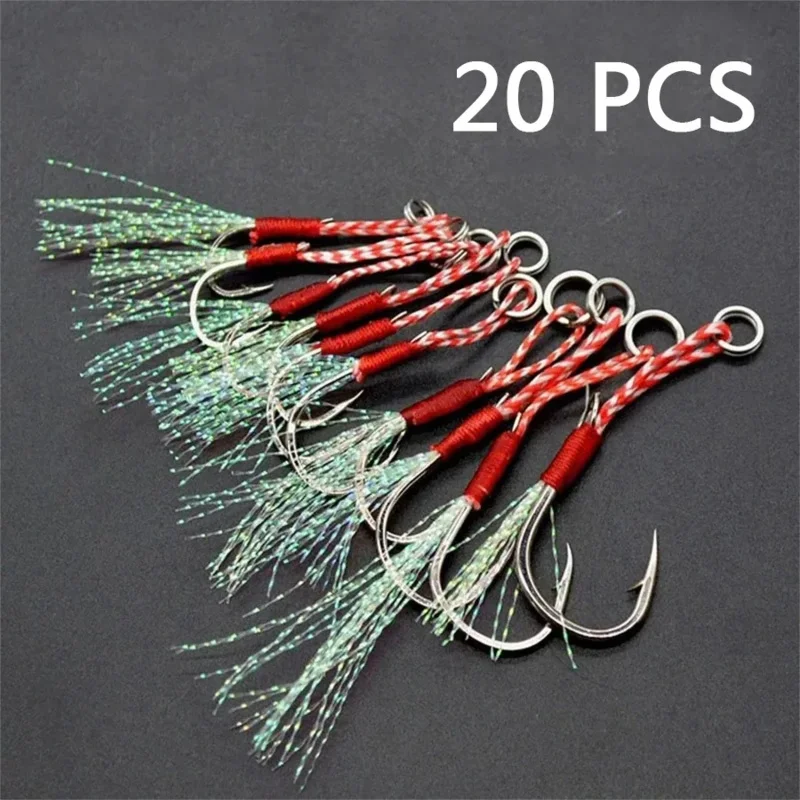 20/30/40Pcs Jigging Fishing Cast Jigs Assist Hook Barbed Single Jig Hooks Thread Feather Pesca High Carbon Steel Fishing Lure