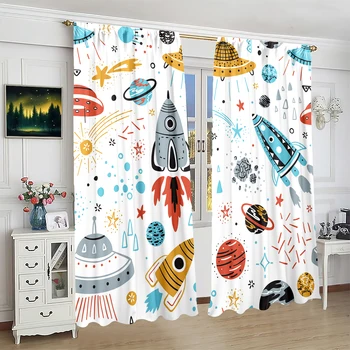 2 pezzi di cartone animato astronave Rocketprinting tenda in materiale poliestere adatto per camera da letto soggiorno sala studio anti-prività 1
