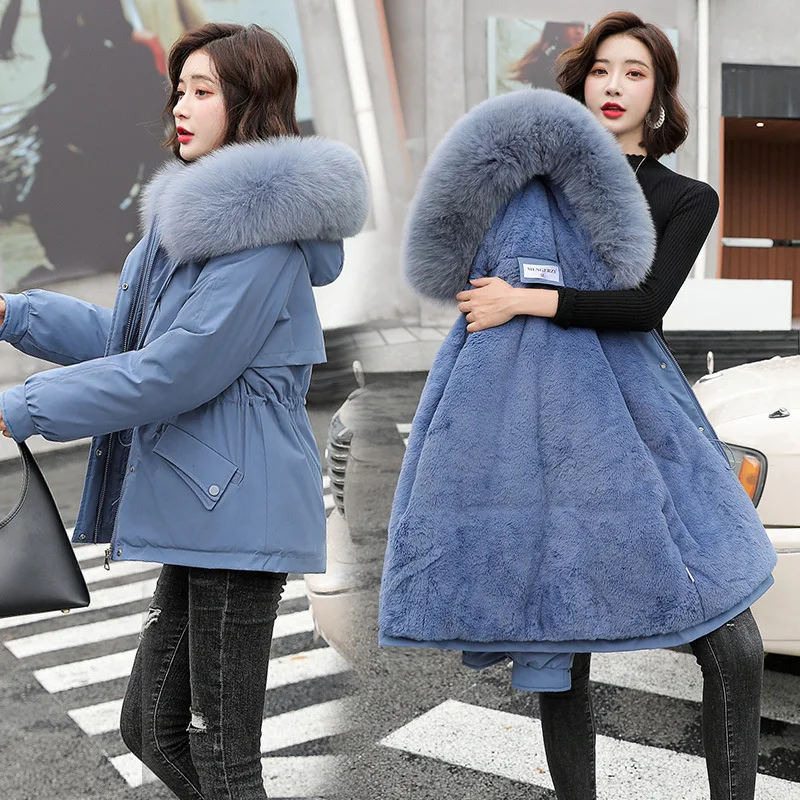 Women Cotton Jacket with Plush Inside Parka Winter Short Style Large Wool Collar Cotton Jacket