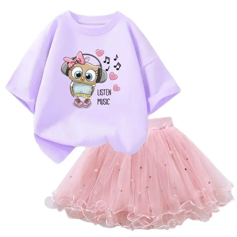 

Summer Girls Clothing Suit 2024 Cute Owl Clothes Set for Kids Children 3-14 Years T-shirt + tutu Skirt 2PCS Outfits for Girls