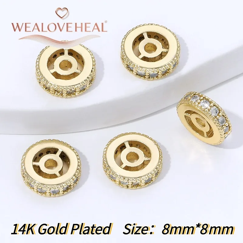 14K vergoldete Messing-Flachrund-Abstandsperlen, mit Zirkonia besetzte Abstandsperlen für DIY-Halsketten, Armbänder, Schmuckherstellungszubehör. – Detail 23