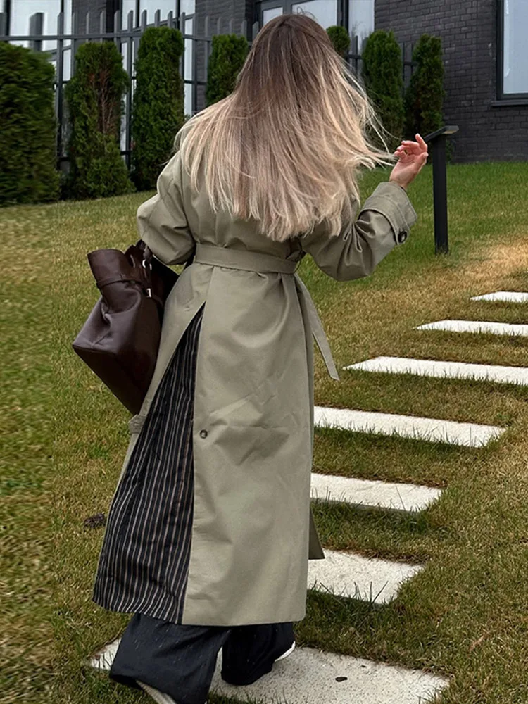 Vintage Splicing Striped Khaki Trench Women Retro Lapel Single-Breasted Long Windbreaker Lady Autumn Elegant Chic Street Outwear girls trench coats