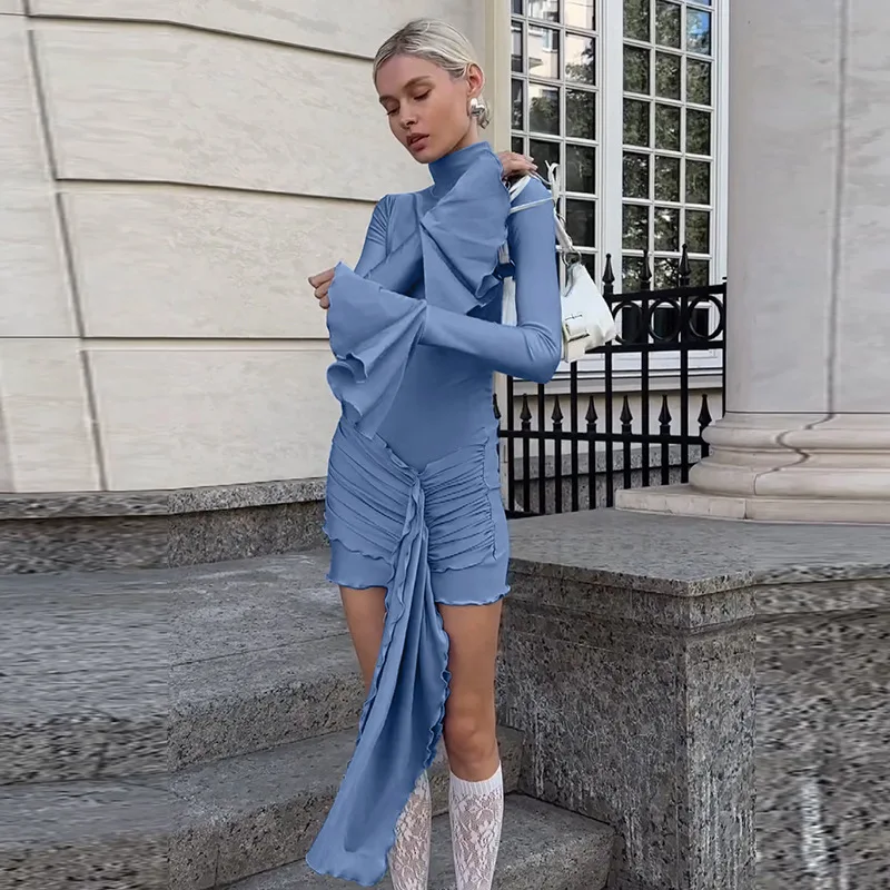 Autumn New Flare Sleeve Sexy Bodycon Dress For Women Edible Tree Fungus Irregular Splice Gown Mini Dresses Solid Color