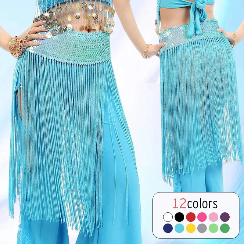 

Tribal Style Belly Dance Dress Elegant Sequin Long Tassel Fringe Skirts Hip Scarf Wrap Belt Indian Dance Waist Towel