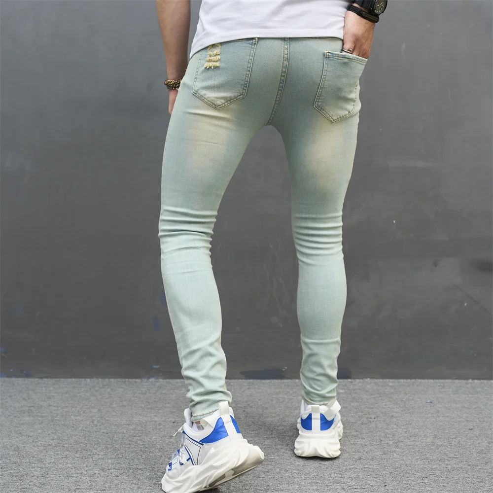 Men Vintage Holes Solid Stretch Skinny Jeans Trousers Stylish Ripped Male Cotton Jogging Slim Casual Denim Pants
