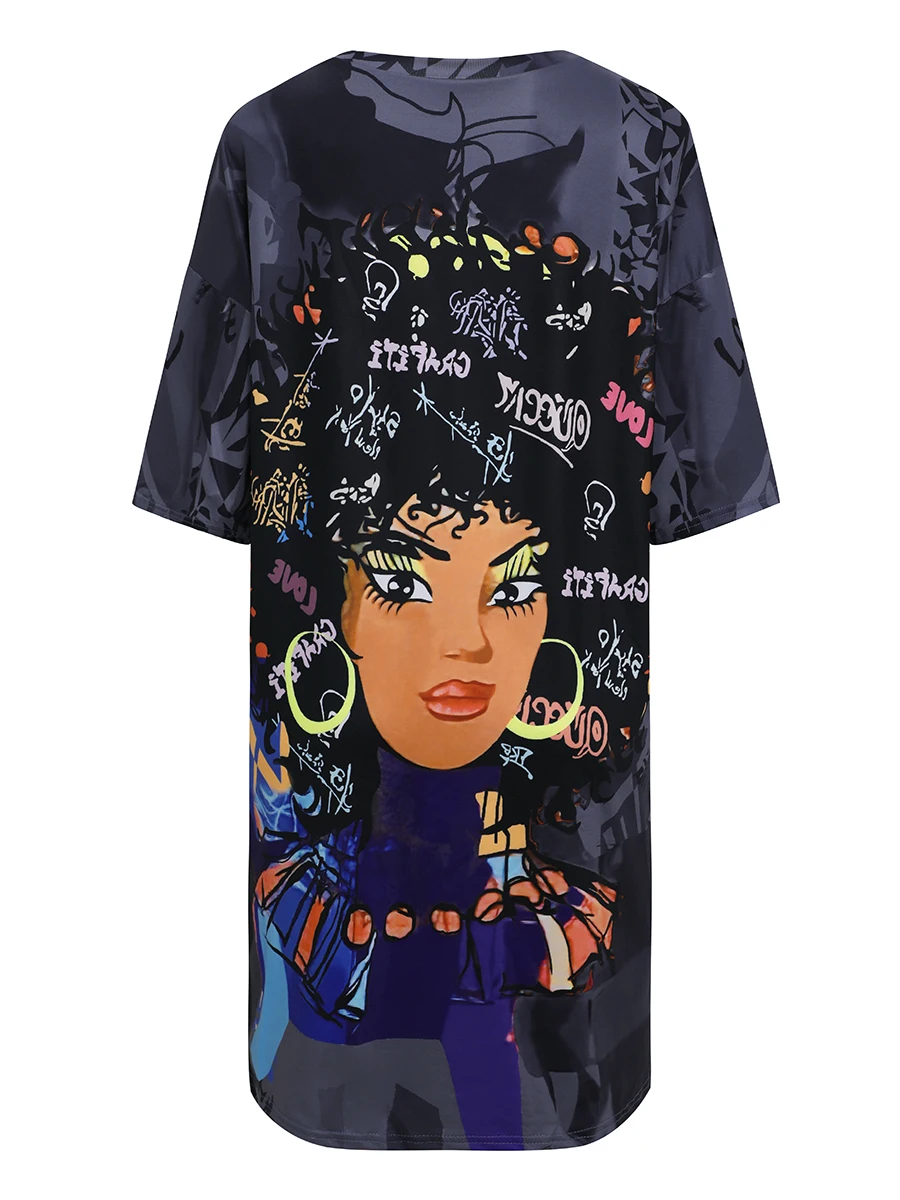 Plus Size Figure Street Letter Print Patchwork Blue Knee Length Dress Oversized T-shirt Women Summer Y2K Outfit Boyfriend Tee