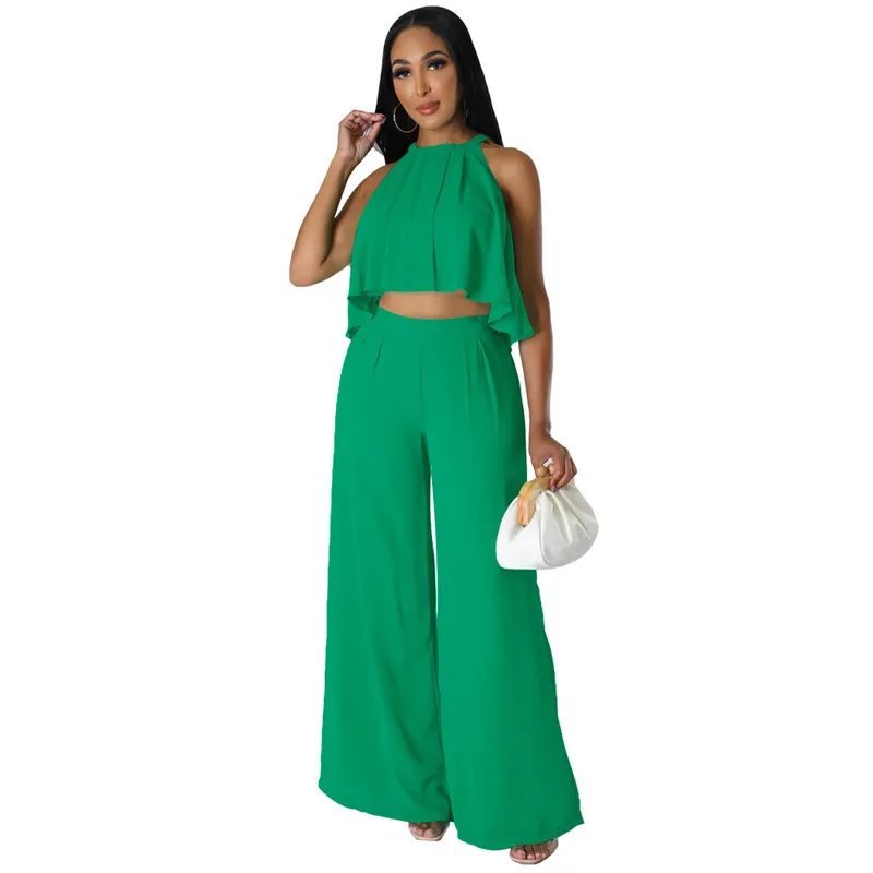 2024 New Fashion and Sexy Versatile Sleeveless Open Navel Top Chiffon High Waist Loose Women's Pants Two Piece Set