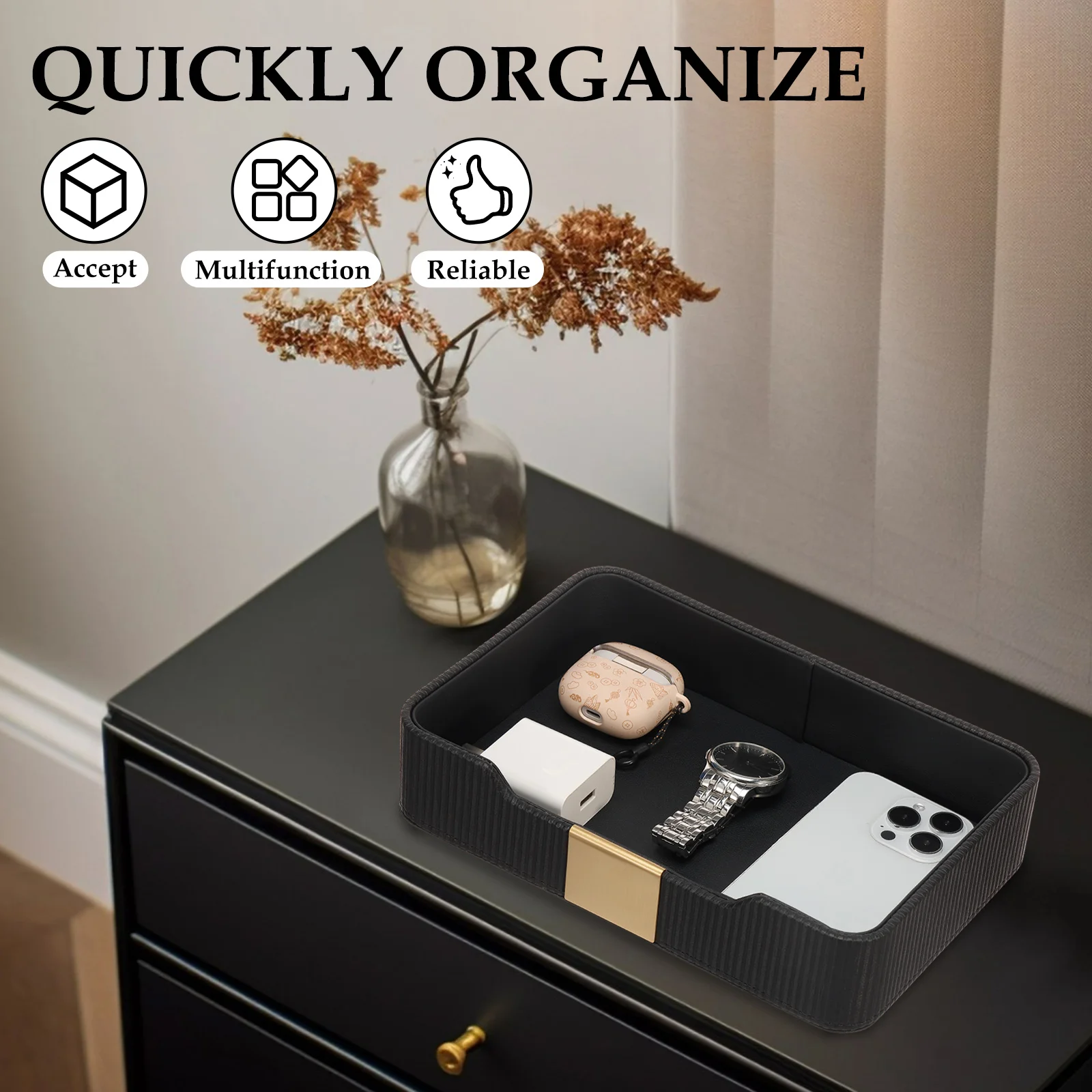 Desktop Storage Tray PU Leather Nightstand Tray Holder Entryway Key Watch Wallet Phone Storage Tray for Home Bathroom Decoration