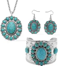  4Pieces Bohemian Turquoise Pendant Necklace Jewelry Set Oval Howlite Flower Earrings Bracelet Necklace for Women Statement Gift 