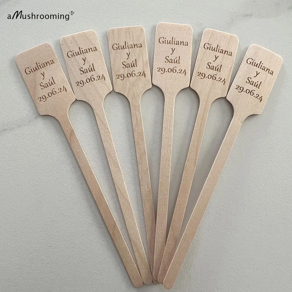 100pcs Engraved Wooden Stir Sticks Personalized Drinking Stirrers with Names Date for Wedding Party Gift Decor