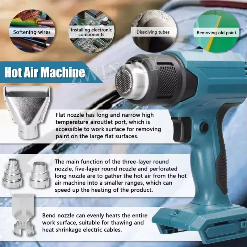 Handheld Hot Air Heating Machine For Makita 18V Battery Heat Gun with 4 Nozzles Industrial Home Hair Dryer Heat Air Machine 4