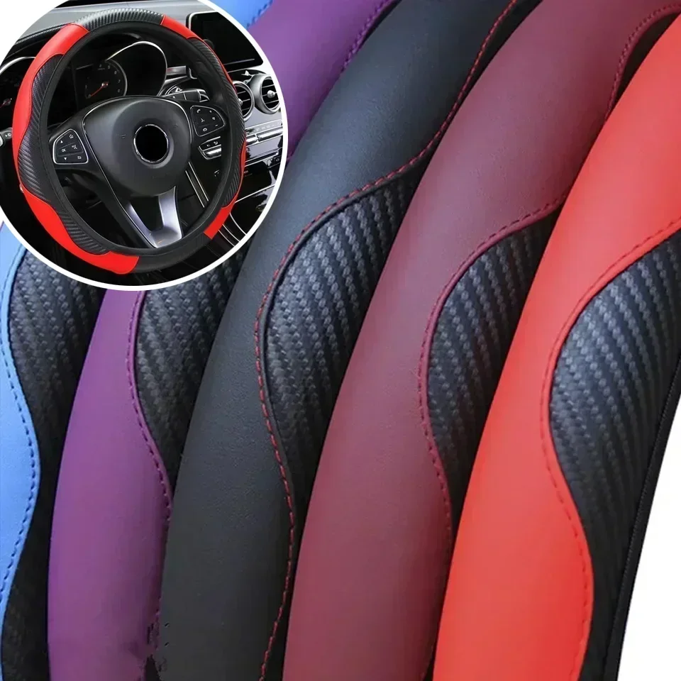 Deluxe Breathable Anti-Slip PU Leather Steering Wheel Cover with Carbon Fiber Design