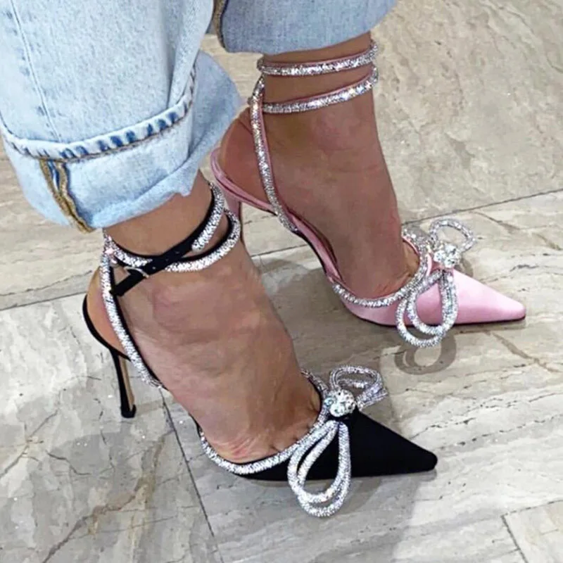 

New Summer Rhinestone Butterfly-knot Sexy Pumps Women Crystal Fairy Wind Pink Bow Tie With Diamond 9CM High Heels BZR-88