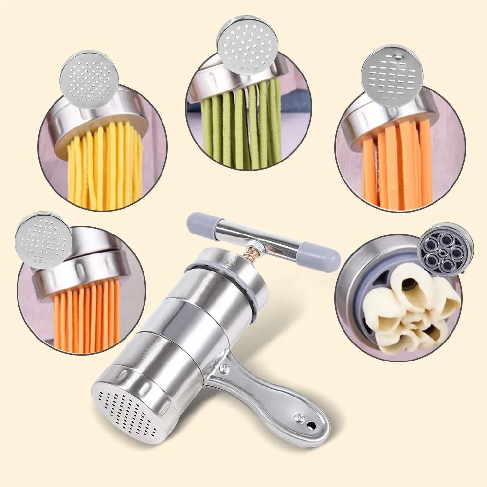 Pasta Machine Stainless Steel Manual Noodle Maker with 2/5 Die Heads Household Press Pasta Machine Fruits Juicer