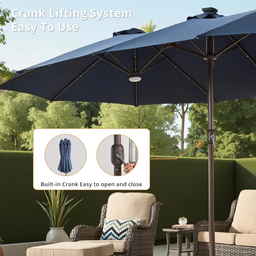 15 ft Solar LED Double-Sided Patio Umbrella with Base 6