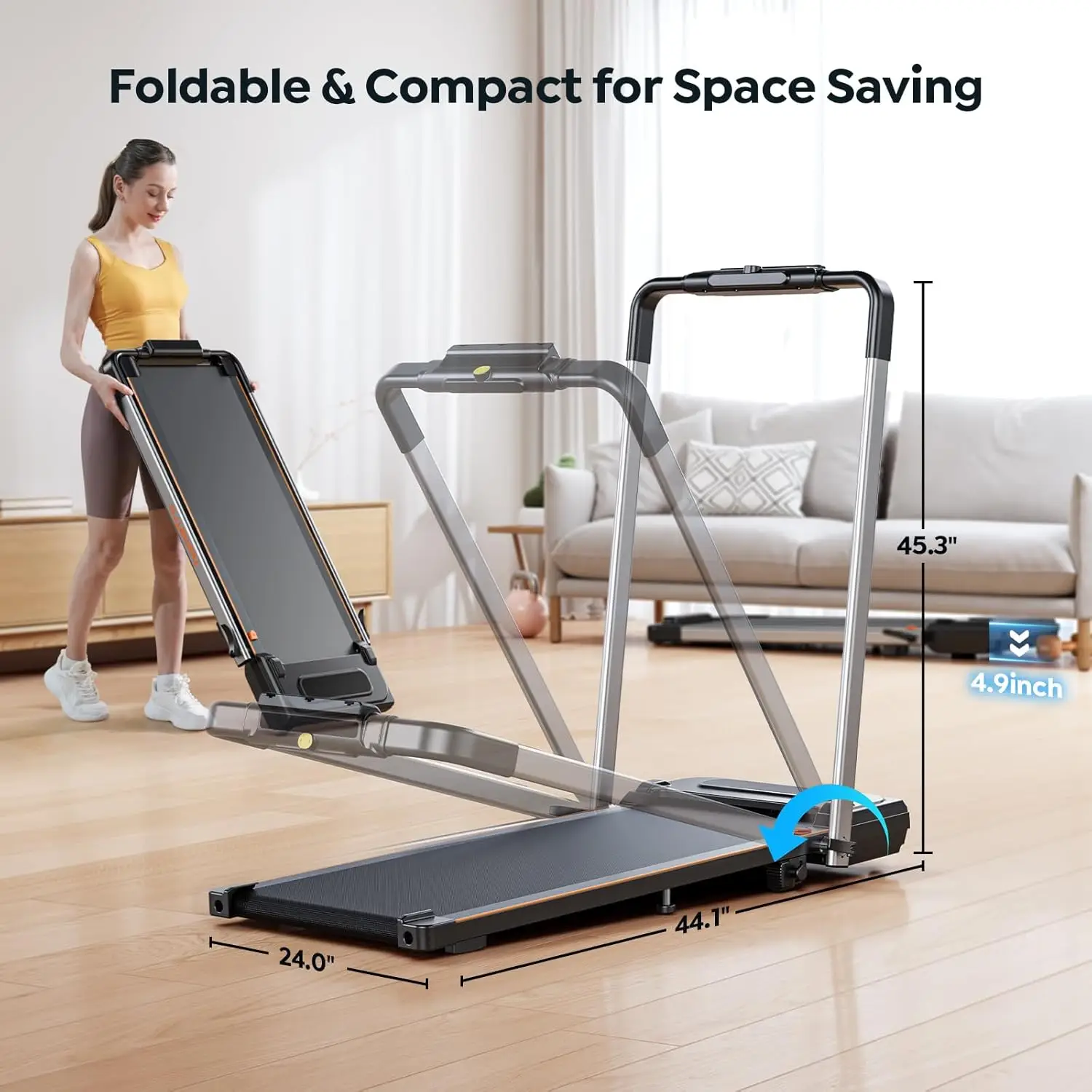 Treadmill with 7% Incline, Portable Under Desk Folding Walking Pad 0.6-7.5mph with Handle, Remote and App, 265lbs,No As