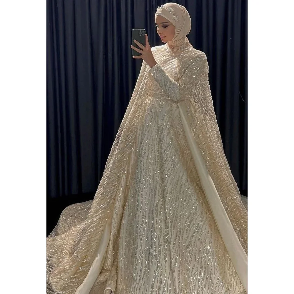 

Beige Beads Sequined Evening Dresses Elegant High Collar Long Sleeves Prom Gowns with Cape Court Train Luxury Party Dresses