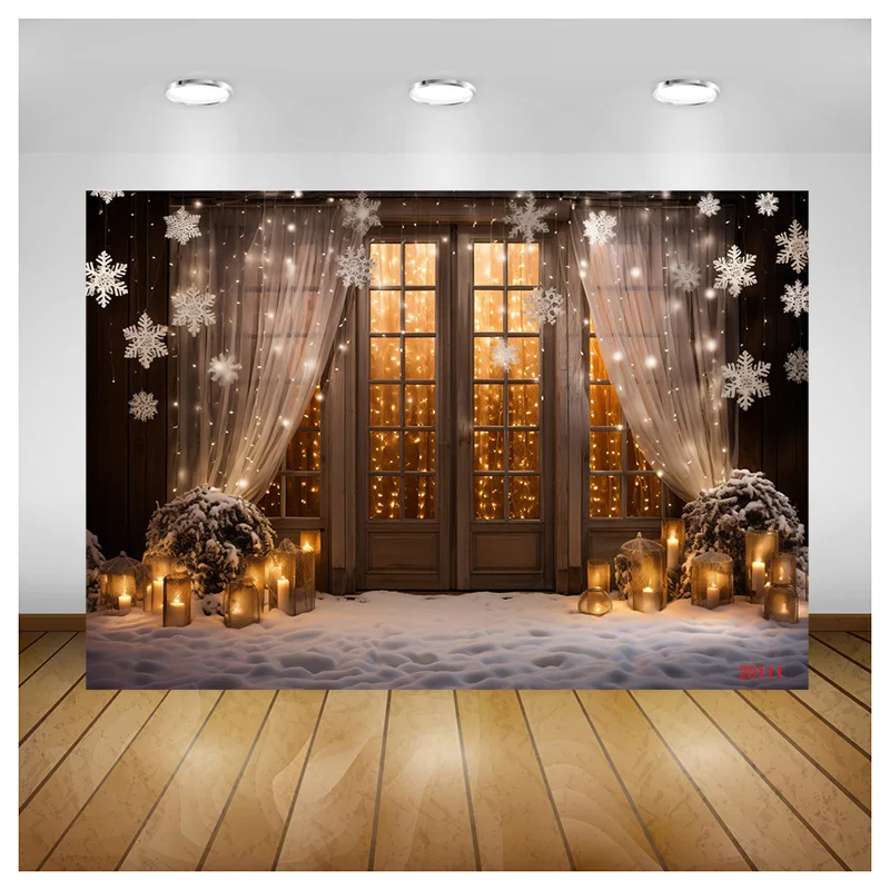 

SHENGYONGBAO Glowing Radiant Lights Christmas Decorations Photography Backdrops Snowflake Wooden Door Studio Background WW-70