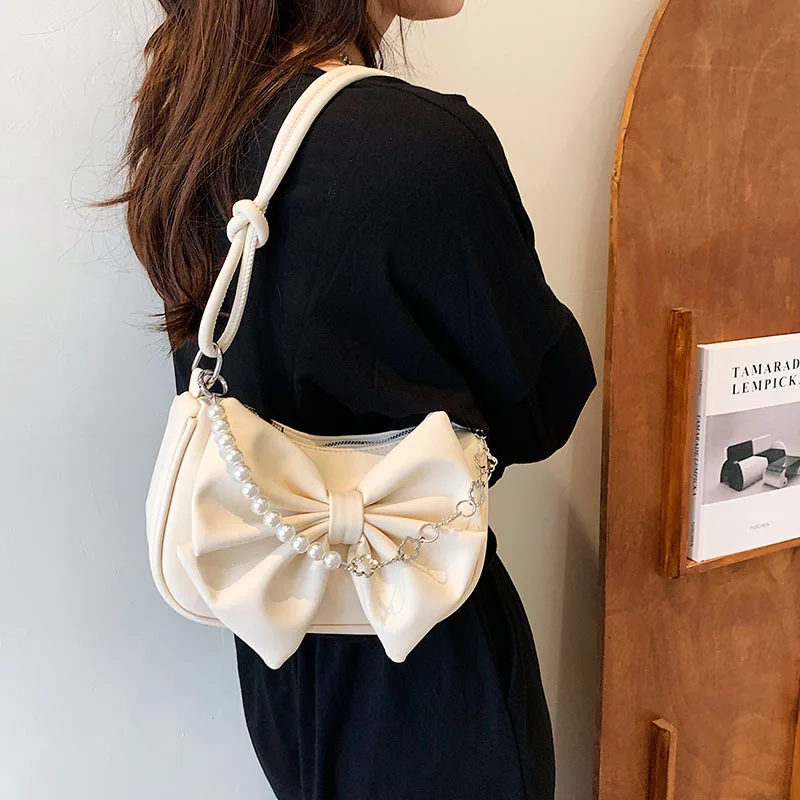 HAEX New Design Women's Bag 2022 Trend Fashion Bow Pleated Underarm Shoulder Bag Individuality Summer Chains Beading Handbag