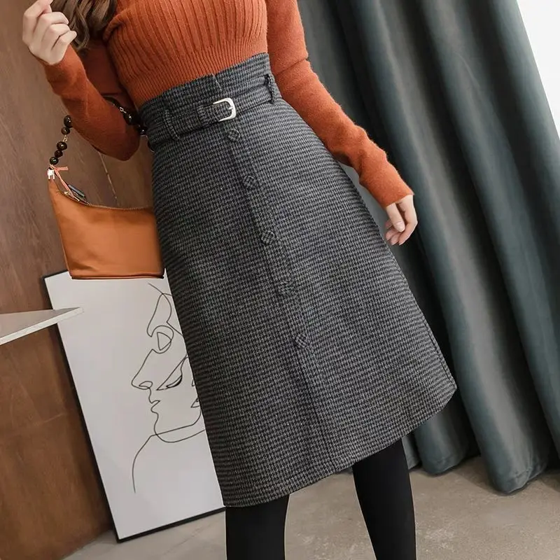 

Autumn Winter High Waist 2023 New Plaid Woolen Mid-Length Skirts Woman Slim Houndstooth Korean Style Ins A- line Skirt for Women