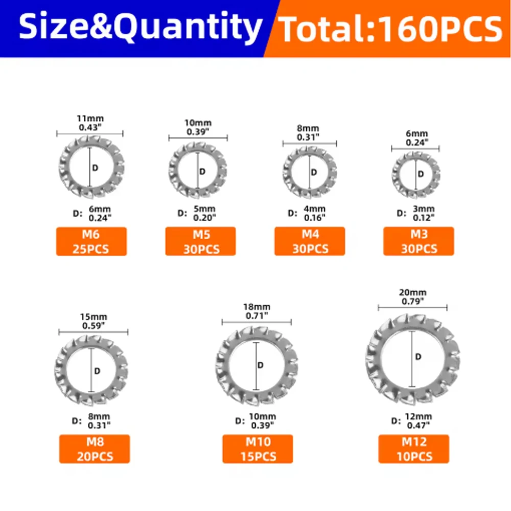 Stainless Steel External Serrated Washer Set M3 M4 M5 M6 M8 M10 M12 External Toothed Serrated Lock Washer Shakeproof 160pcs