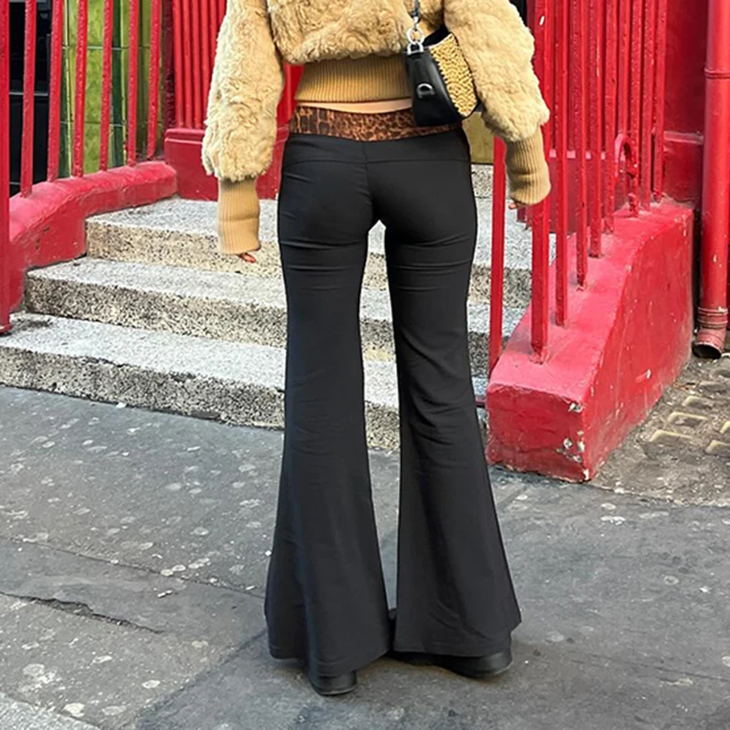 IAMHOTTY Vintage Leopard Print Low-waisted Patchwork Flared Pants Black Slim Stretchy Casual Basic Sweatpants Joggers Trousers