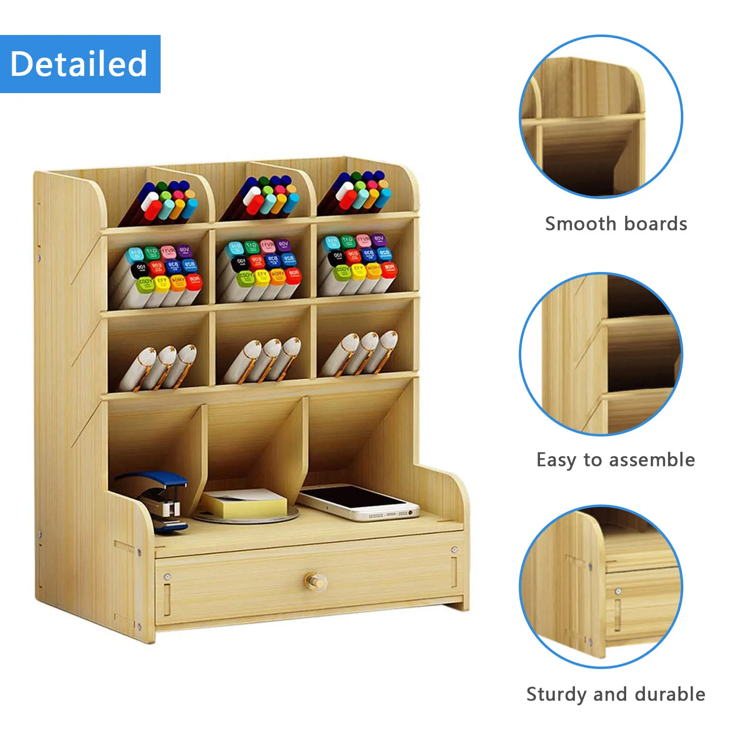 Wooden Desk Organizer DIY Pen Pencil Holder Storage Rack Box with Drawer Memo Pad for Office School Home Supplies 58 holes pigment ink bottle organizer wooden double drawer paint storage rack painting brush holder modular stand art supplies