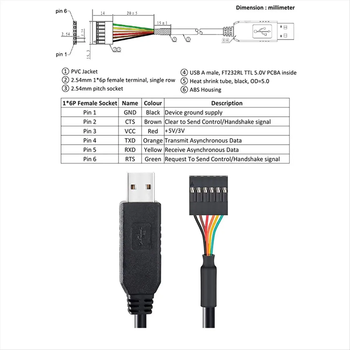 (PQWN) 6핀 TTL-232R-3V3 FTDI FT232 USB 2.0 - TTL 5V 3.3V 다운로드 디버그 케이블 어댑터 모듈 (아두이노용)