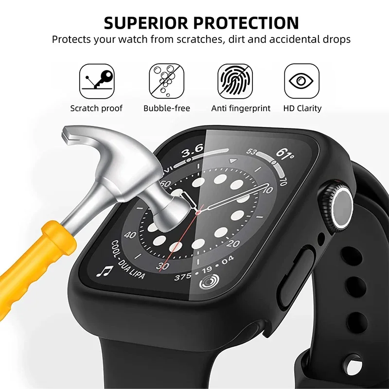 Apple Watch Screen Protector Tempered Glass+Cover For Apple Watch 9 8 7 45mm 41mm PC Bumper Case iWatch Series 7 6 5 4 SE2 44mm 40mm 42mm 38