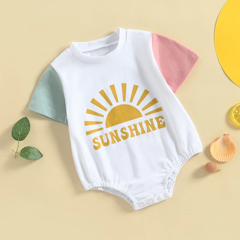 

Kid Girl Boy Romper Summer Short Sleeve Round Neck Rainbow Print Short Bodysuit Tops