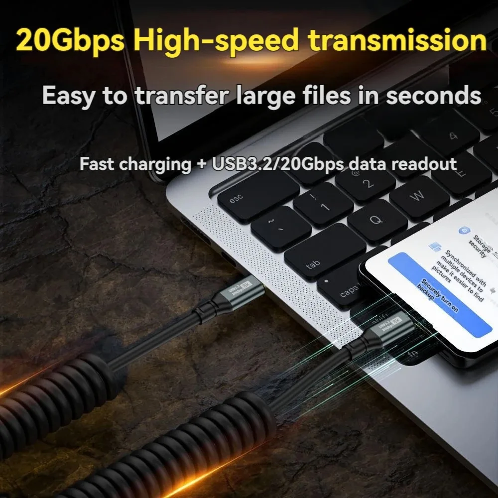 Premium Type-C Spring Coiled Cable with 20Gbps Transfer, 8K Display, and 100W Fast Charging