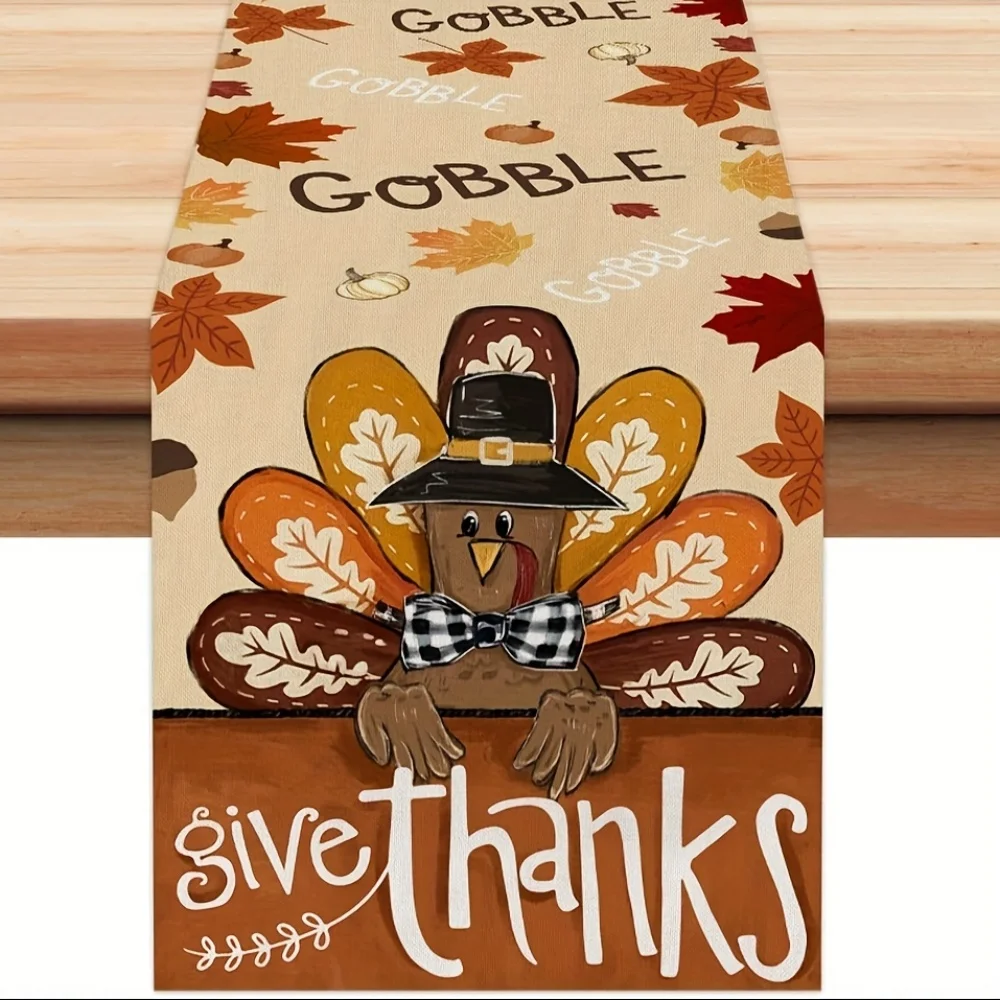 1 stuks rustieke jute tafelloper, esdoornblad en kalkoenontwerp - perfect voor Thanksgiving dineren en binnen- en buitendecoratie
